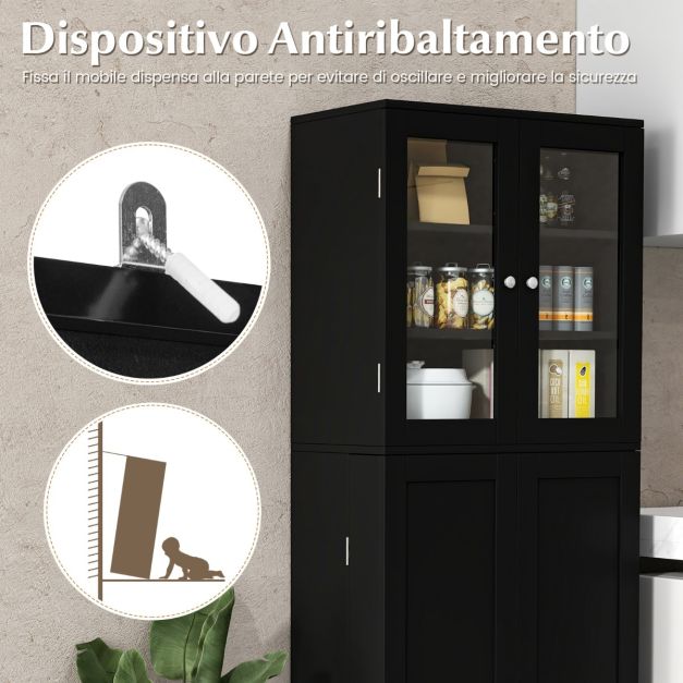ChooChoo Credenza Buffet In Stile Fattoria - Armadio Con Ante In Vetro Acrilico, 2 Cassetti, Nero, Per Soggiorno E Cucina - 2