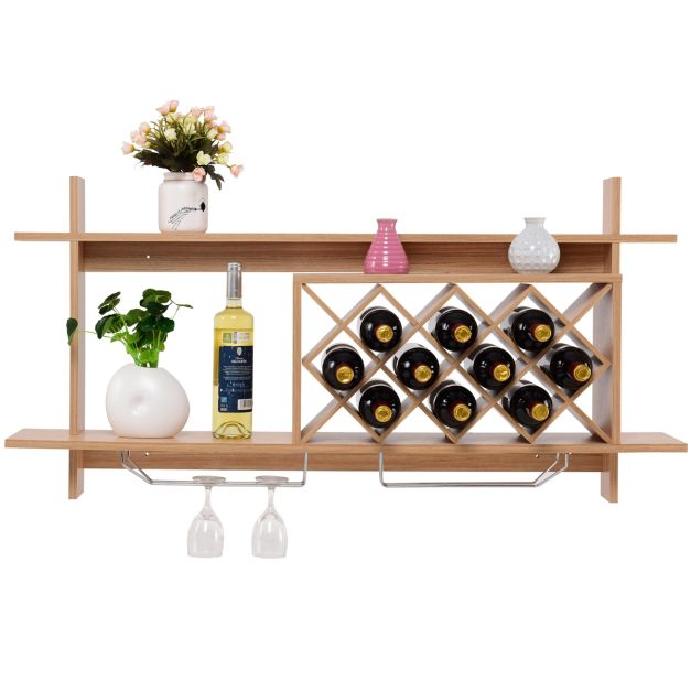 Portabottiglie vino da parete in legno con porta bicchieri 120x58
