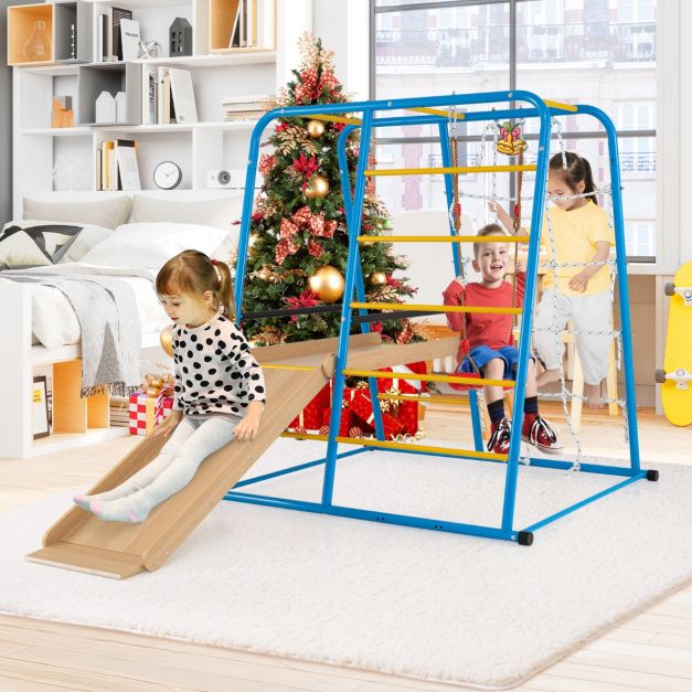Palestra Montessori 9-in-1 Per Bambini: Scivolo E Altalena In Legno | Set Arrampicata Indoor Con Rampino E Rete