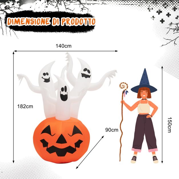 Famiglia di zucche gonfiabili per Halloween, Decorazione con luci LED