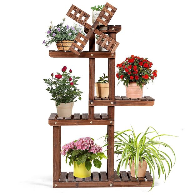 Scaffale per piante con 5 livelli e design a mulino a vento, Porta fiori di  legno con piattaforme multiple - Costway