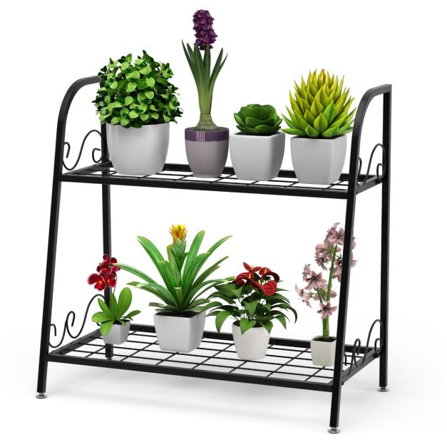 Porta piante di metallo con 2 livelli per interno ed esterno, Scaffale  multifunzionale espositivo per fiori Nero - Costway