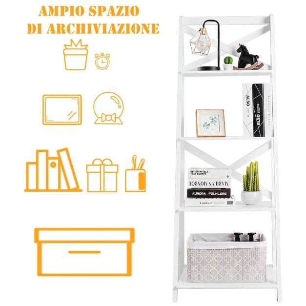 Scaffale a scala in legno a 4 ripiani per soggiorno, Libreria mobile portaoggetti 50x46x143cm Bianco