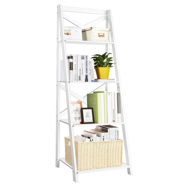 Scaffale Pieghevole A 5 Ripiani In Metallo, Con Ruote E Piedini Regolabili, 32x59,9x144,8 Cm, Bianco Lucido, Carico Max 29,9 Kg Per Ripiano