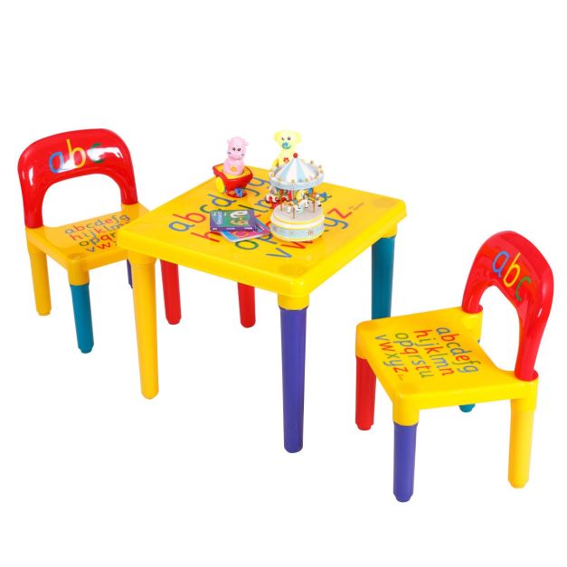 3 in 1 Tavolo attività rotondo per bambini con più di 3 anni con 2 sedie e  300 costruzioni, 57x43cm Multicolore - Costway