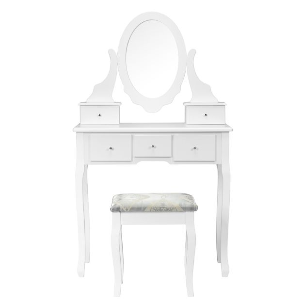 Toletta con specchio e sedia in legno Tavolo da trucco moderno con 5  cassetti 135x80x40cm Bianco - Costway