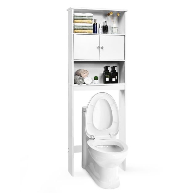 Scaffale per bagno salva spazio di legno, Mobile sopra il WC compatto con 3  livelli e 2 ante Bianco - Costway