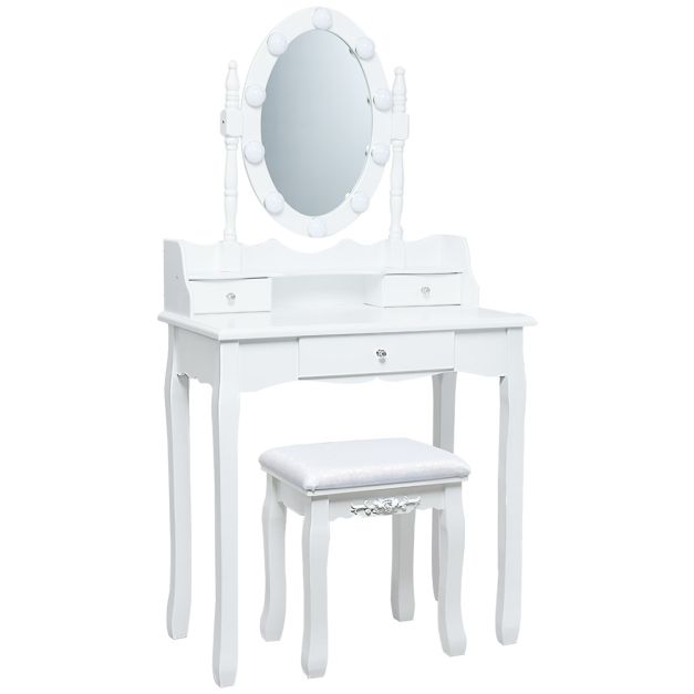 YESHOMY Scrivania Toeletta Con Specchio E 10 Luci LED - Tavolo Da Trucco Con Presa, USB, 4 Cassetti E 3 Ripiani - Colore Bianco