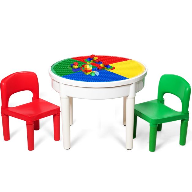 3 in 1 Tavolo attività rotondo per bambini con più di 3 anni con 2 sedie e  300 costruzioni, 57x43cm Multicolore - Costway