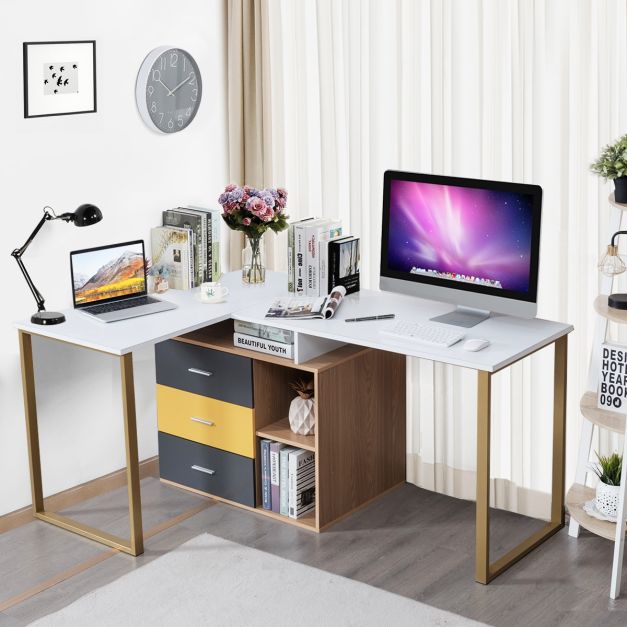 Scrivania Doppia A L NELYE 240 Cm Con Libreria E Cassetti, Postazione Per 2 Persone, In Legno E MDF, Bianco