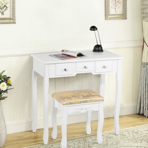 Tavolo Da Toeletta Con Specchio Rettangolare E 5 Cassetti – Include Sgabello Imbottito – Struttura In MDF Bianco, Dimensioni 135 X 100 X 50 Cm – Design Glamour Per Camera Da Letto - 2