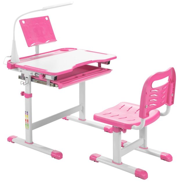 Set scrivania e sedia per bambini con altezza regolabile, Scrivania e sedia  con leggio per libri e luce LED Rosa - Costway