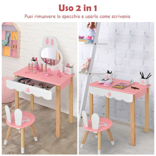 LIFEZEAL Tavolo Toeletta 2 In 1 Per Bambine Con Specchio E Sgabello Rimovibili, In Legno E Cassetto, Rosa/Bianco