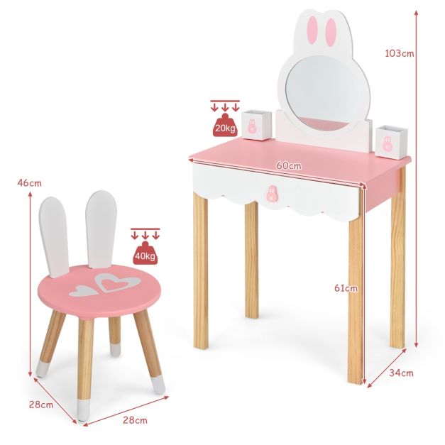 COSTWAY Set Tavolo e Sedia da Toeletta per Bambini, Tavolo da Toeletta per Bambini con Specchio Tri-Pieghevole, Ampio Cassetto, per Bambini dai 3 anni +, Bianco