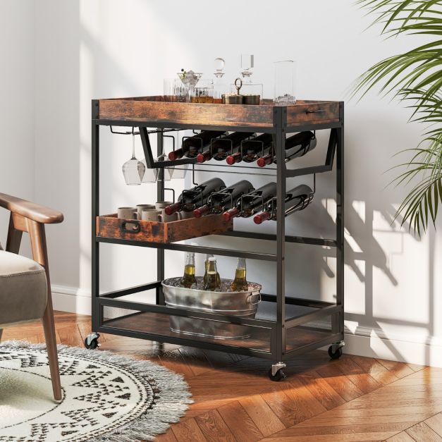 LELELINKY Carrello da servizio, carrello da cucina, carrello da bar con ruote, moderno con spazio di archiviazione, portabottiglie con portabicchieri