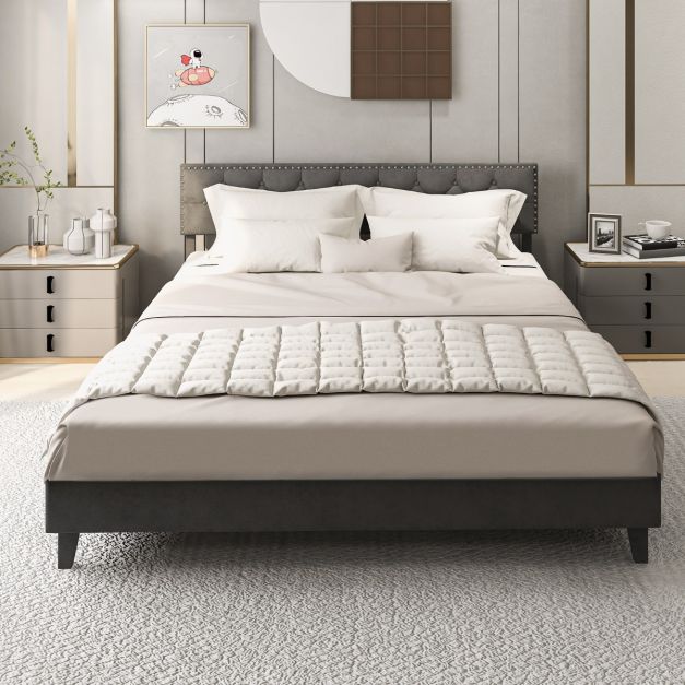 Letto matrimoniale 140x200cm con testiera imbottita base in lino grigio e ricarica USB tipo C (con materasso) | Leroy Merlin
