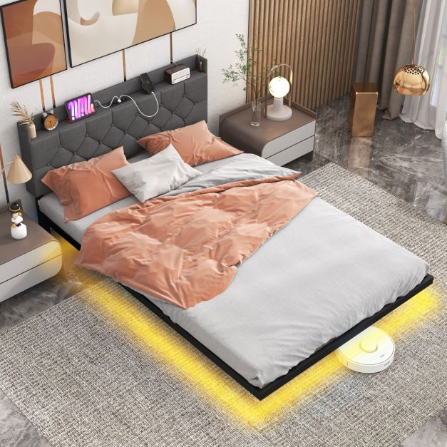 Struttura Letto King Size Con Luci LED Smart, Testiera Portaoggetti, Ricarica USB E Doghe Metallo - 5