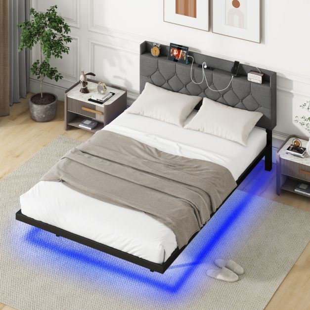 Struttura Letto King Size Con Luci LED Smart, Testiera Portaoggetti, Ricarica USB E Doghe Metallo - 4