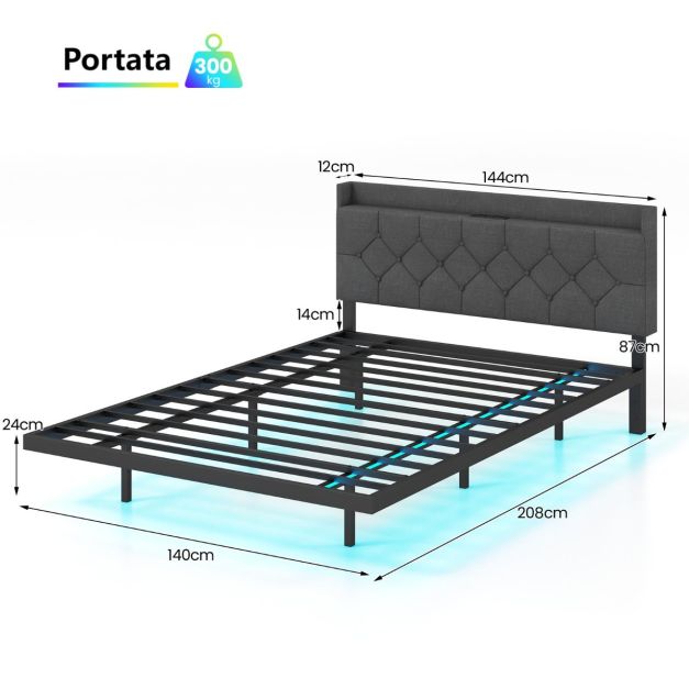 Brinlawb Struttura Letto Matrimoniale 140x190 cm con Luce LED e Stazione di Ricarica (2 Prese CA