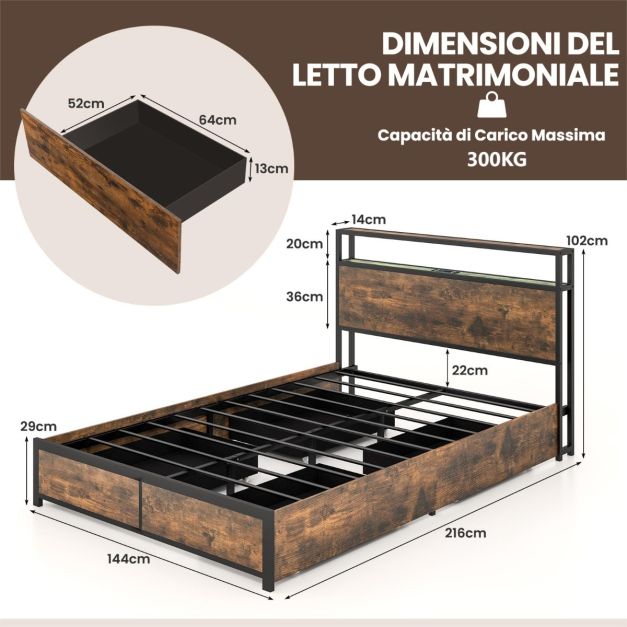 VERFARM Struttura letto matrimoniale con luci a LED, testiera imbottita e stazione di ricarica, in metallo massiccio, letto matrimoniale, senza bisogno di molle, senza rumore