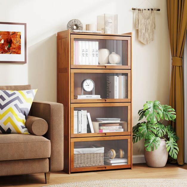 COSTWAY Armadietto Da Cucina A 3 Ripiani Con 2 Ante In Acrilico Trasparente Credenza Espositore In Bambu Salvaspazio Libreria Vetrina Per Studio E Soggiorno 495 X 40 X 130 Cm Naturale 85911944