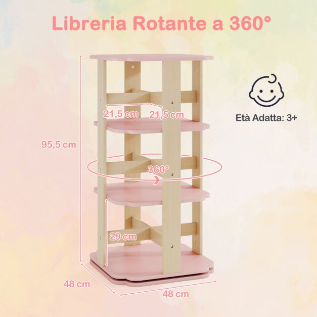 Libreria per Bambini Rotante,Libreria Girevole 360 Gradi a 6 Livelli,Torre Verticale a Colonna da Terra Porta Libri Per Studio in Soggiorno Ufficio Cameretta Bambino Scaffale in Legno Autoportante