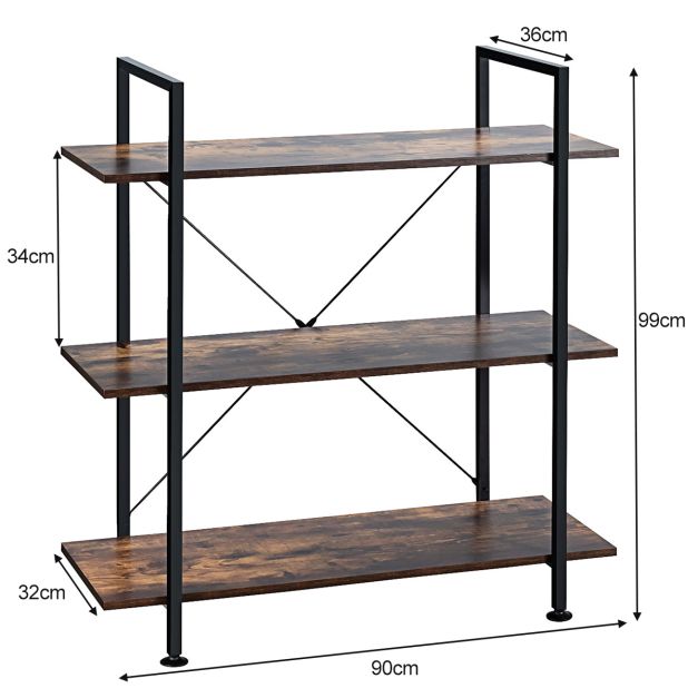 GYMAX Libreria a 3 Livelli con Ripiano Regolabile, Cornice in Metallo e Dispositivo Anti-Ribaltamento, Scaffale Multiuso per Piccoli Spazi, Studio, Soggiorno, Cucina, Camera da Letto (Marrone