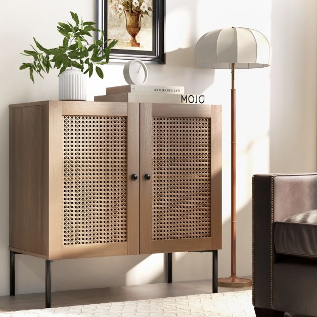 Credenza da pranzo con 2 ante in rattan e 2 cassetti portaoggetti - gambe in legno - rovere