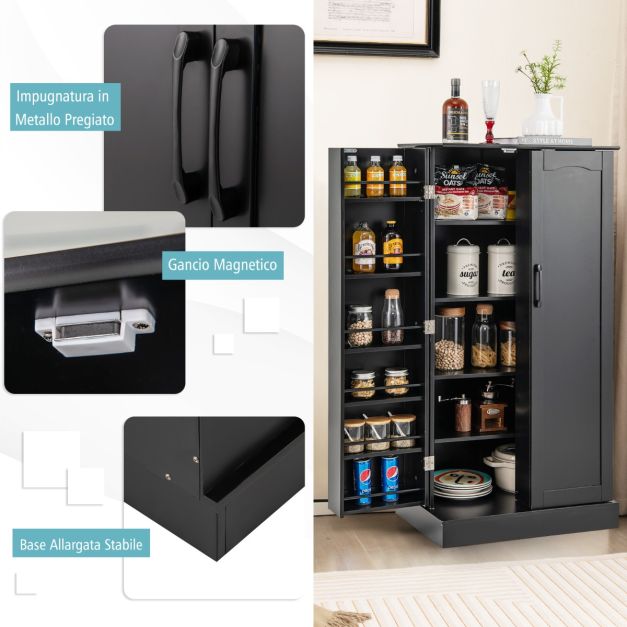 Credenza Buffet 140 Cm In Legno Nero – Mobile Con 2 Cassetti E 4 Ante A Fienile, Per Cucina E Soggiorno