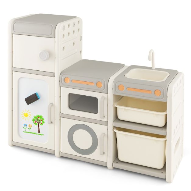 Mobile porta giochi per bambini con lavagna magnetica lavello rubinetto  rimovibili, Scaffale e libreria giochi Grigio - Costway