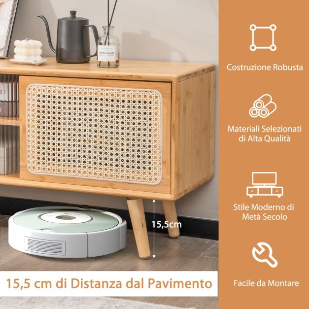 Supporto TV in rattan, console TV, centro intrattenimento, mobile TV con ante scorrevoli, consolle multimediale, in legno massello di bambù, per soggiorno, camera da letto
