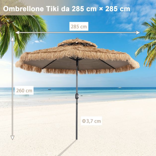 Ombrellone Hawaiano In Paglia COSTWAY Inclinabile Ø155x194cm - Con Borsa, Per Giardino E Spiaggia