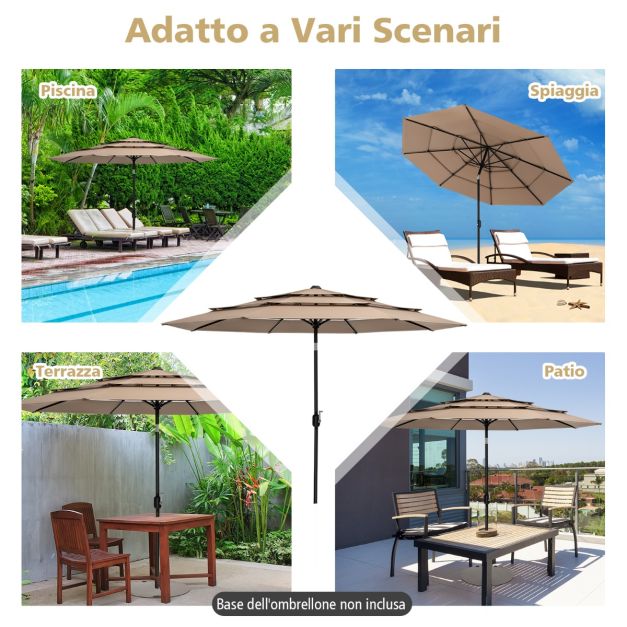 COSTWAY Ombrellone da Giardino, 300 x 300 cm, Ombrellone da Esterno con 3 Inclinazioni, Rotazione a