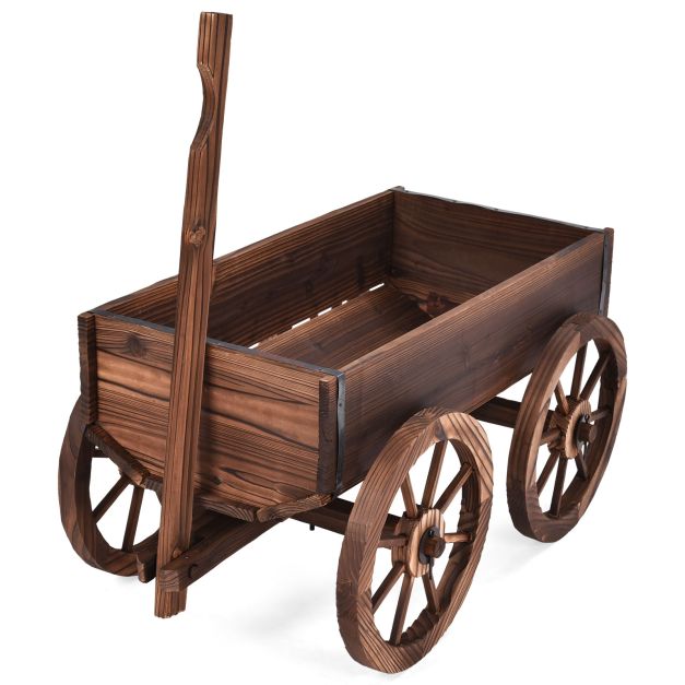 Fioriera In Legno A Forma Di Carro Con Ruote – Cassetta Per Fiori E Piante, Per Esterni, Balcone E Giardino, 43x45x38 Cm