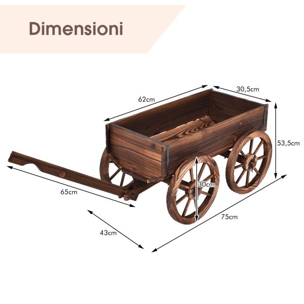 FLBT Fioriera da Giardino a carro, Supporto per Vaso Decorativo con Manico Girevole e 4 Ruote, Carrello per vagone per Fiori in Legno per Interni ed Esterni per Parco, Cortile e Patio