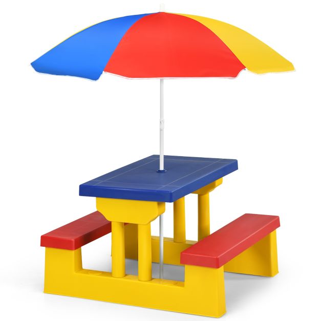 Tavolo da picnic per bambini con parasole pieghevole Set di tavolo e panche  per giardino 67x41x47cm Colorato - Costway