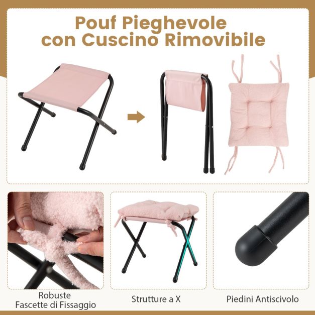 Poggiapiedi Pieghevole Con Morbido Cuscino - Sgabello Multifunzionale Con Gamba A X In Legno - Per Soggiorno, Camera Da Letto, Ufficio - Facile Da Pulire, Colore Grigio, 2400g - 4