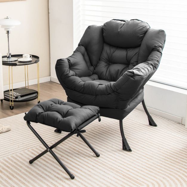 Sedia Pigra Moderna Con Ottomana E Poggiapiedi Pieghevole - Set Per Soggiorno E Camera Da Letto - Struttura In Metallo, Grigio Scuro, Portata 113 Kg