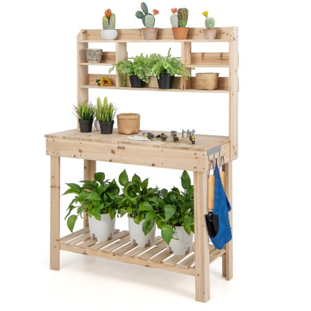Porta piante in legno con ripiani piano d'appoggio apribile ganci, Tavolo da  lavoro da esterno Naturale - Costway