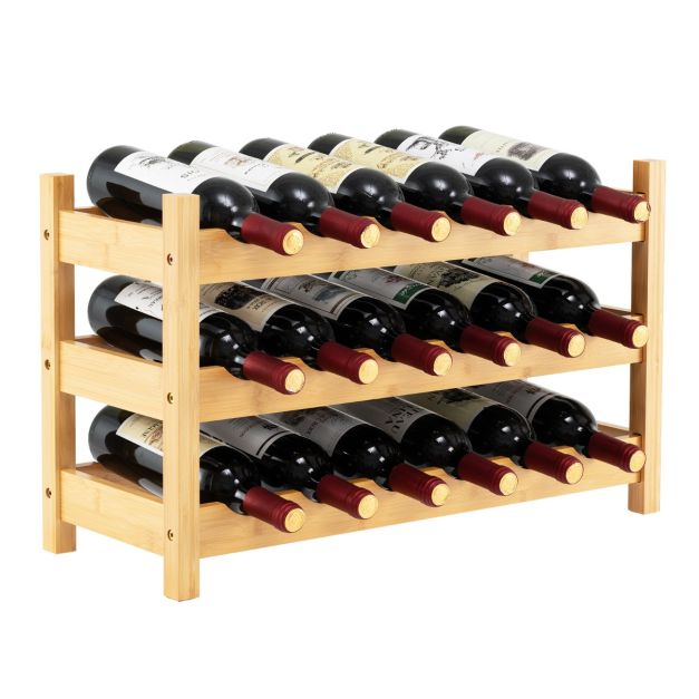 Portabottiglie In Bambù A 3 Ripiani – Autoportante, 43x23,5x25 Cm, Per 12 Bottiglie, Per Cucina E Bar