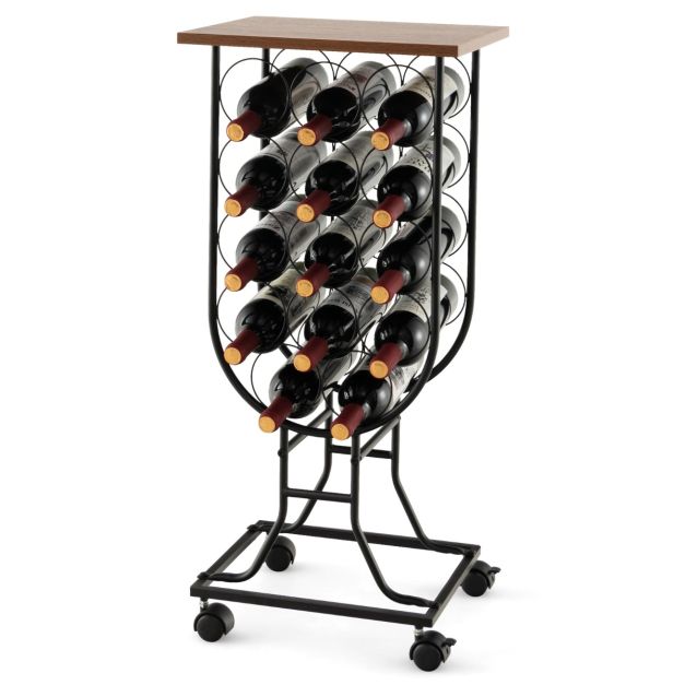Portabottiglie per vino con ruote staccabili e bloccabili, Mobile porta  vino con struttura in metallo Nero