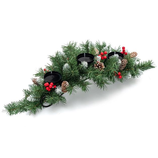 Portacandele Decorativo In Vetro Con Pigne E Bacche – Tema Natalizio, Effetto Innevato, Altezza 15cm, Centrotavola - 4