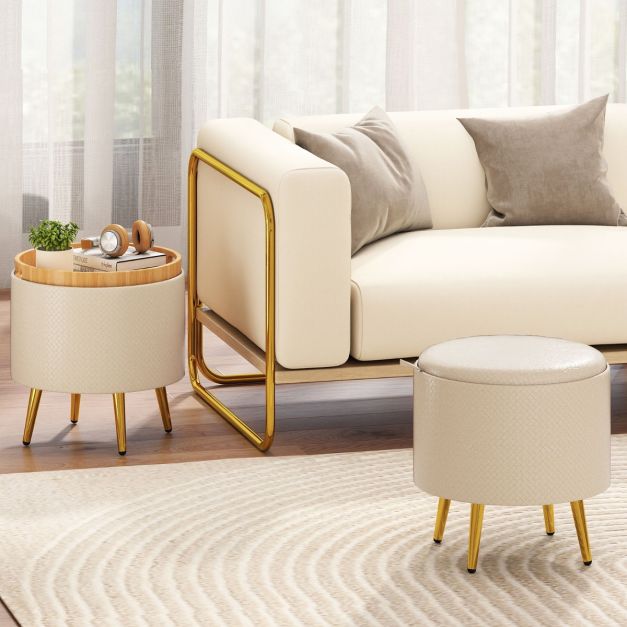 Ckaff Sgabello Pouf Contenitore, Cassapanca Rotonda Ottomano con Contenitore, Sgabello Toeletta Trucco Pouf Poggiapiedi in Velluto con 4 Gambe in