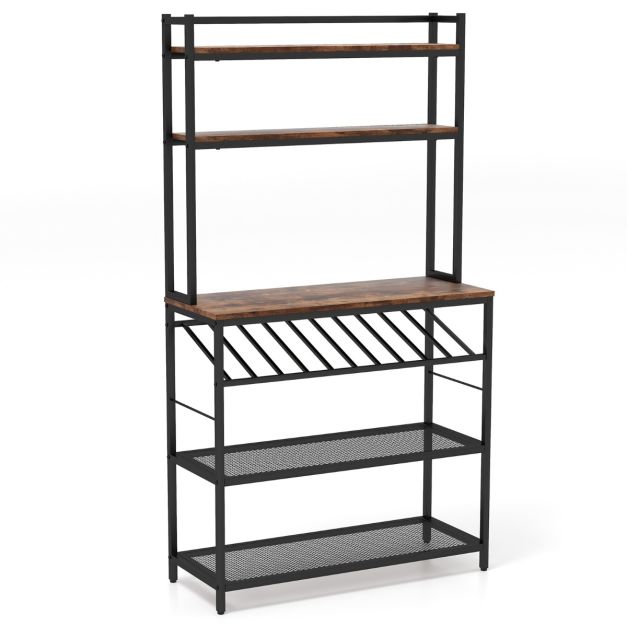 DlandHome Scaffale da cucina multiuso salvaspazio da cucina a risparmio di spazio, scaffale per forno a microonde, in metallo e legno, con cesto portafrutta e ganci per utensili da cucina, nero