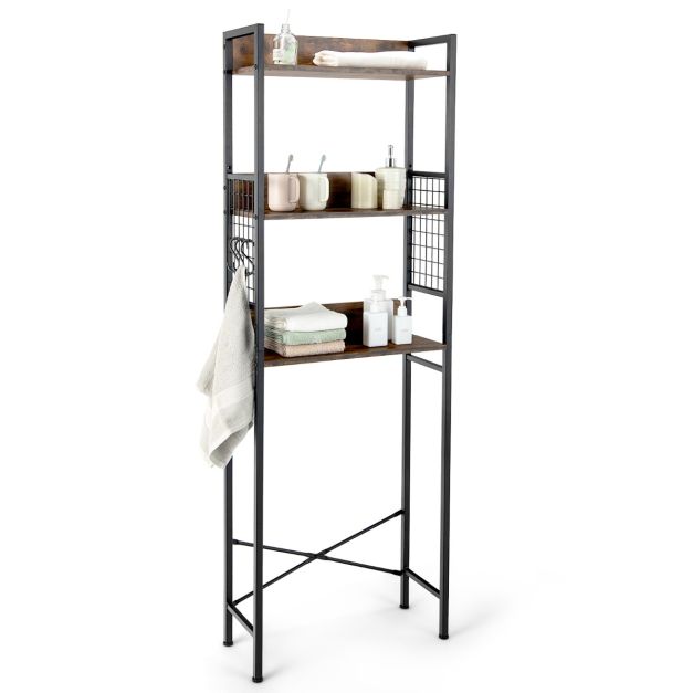COSTWAY Scaffale Bagno 60 x 24 x 177 cm, Mobile Bagno Salvaspazio con 4 Ripiani in Legno e Telaio in Metallo, Mobiletto sopra Gabinetto per Soggiorno e Balcone, Nero e Marrone