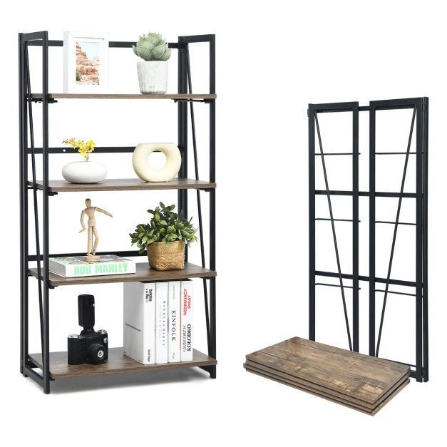Libreria Pieghevole BHG Vintage 4 Ripiani - Fuoco - Scaffale Per Piante E Libri Senza Montaggio - Uso Casa/Ufficio