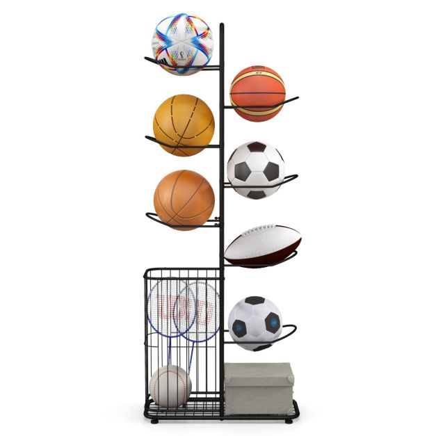 Rastrelliera dispenser 5 palloni da Calcio, Basket e Volley per camera o garage in metallo Nero