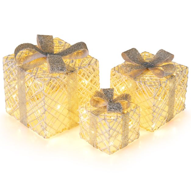 Lulu Home Scatole Di Natale Luminose Con 60 Luci LED Bianco Caldo – Set Di 3 (Grande, Medio, Piccolo) Con Fiocchi Rossi