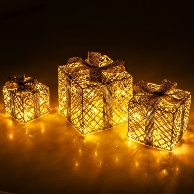 Lulu Home Scatole Di Natale Luminose Con 60 Luci LED Bianco Caldo – Set Di 3 (Grande, Medio, Piccolo) Con Fiocchi Rossi
