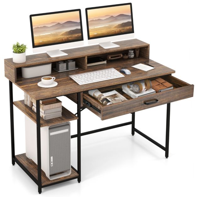 Supporto Ergonomico Per Monitor E Portatile Da Scrivania - Organizzatore In Legno, Marrone Rustico